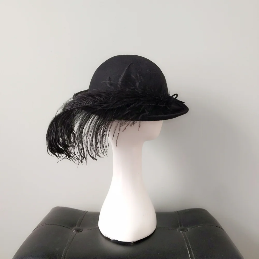 Vintage 1970s Ms. Jo Ann Black Wool Bowler Hat with Epic Huge Ostrich Feather